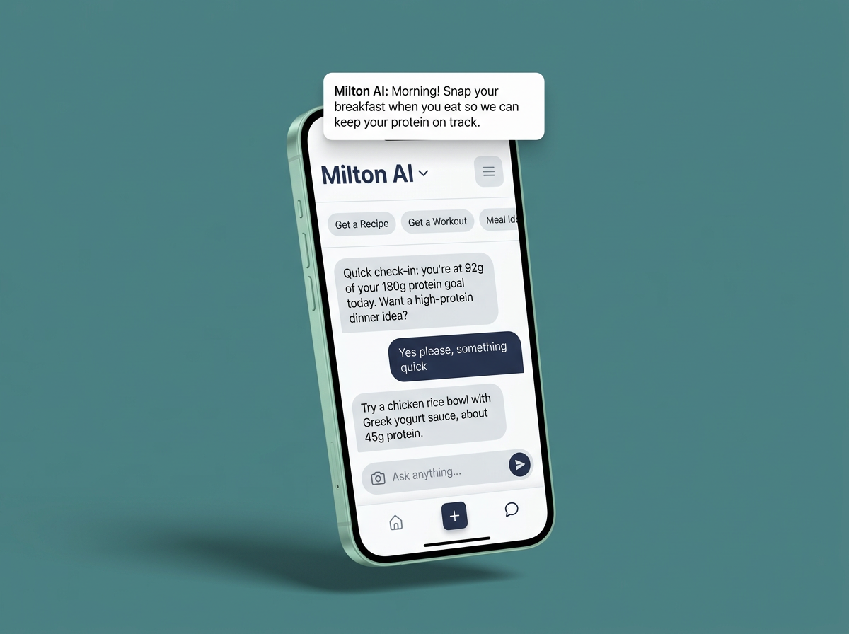 Milton AI reminder notification and an automated protein check-in conversation in the member app