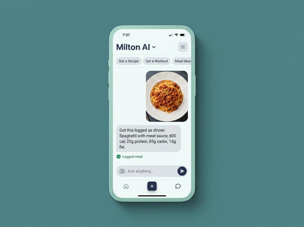 Milton AI member app chat: a photo of spaghetti logged as dinner with calories and macros